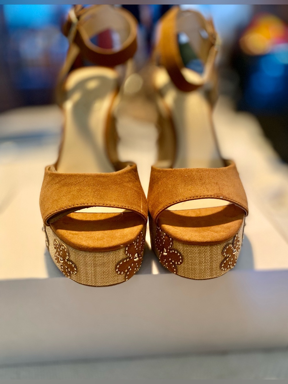 New Cute Jessica Simpson Tan Suede Floral Espadrille Wedge Sandals